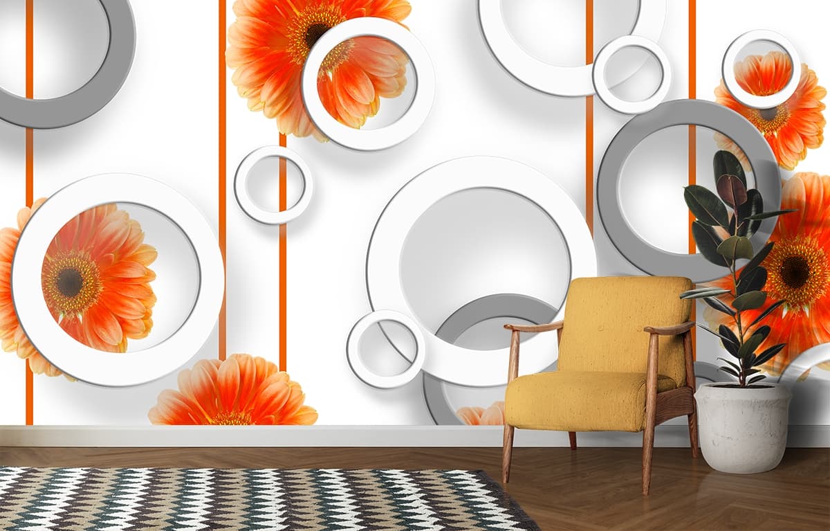 A wallpaper with flowers and rings shown in a room