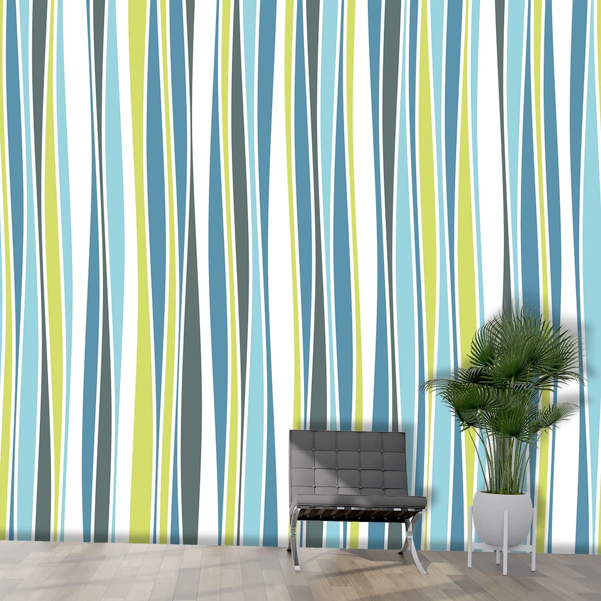 A Pattern of Blue and Green Vertical Lines Striped Modern Wallpaper shown in a room