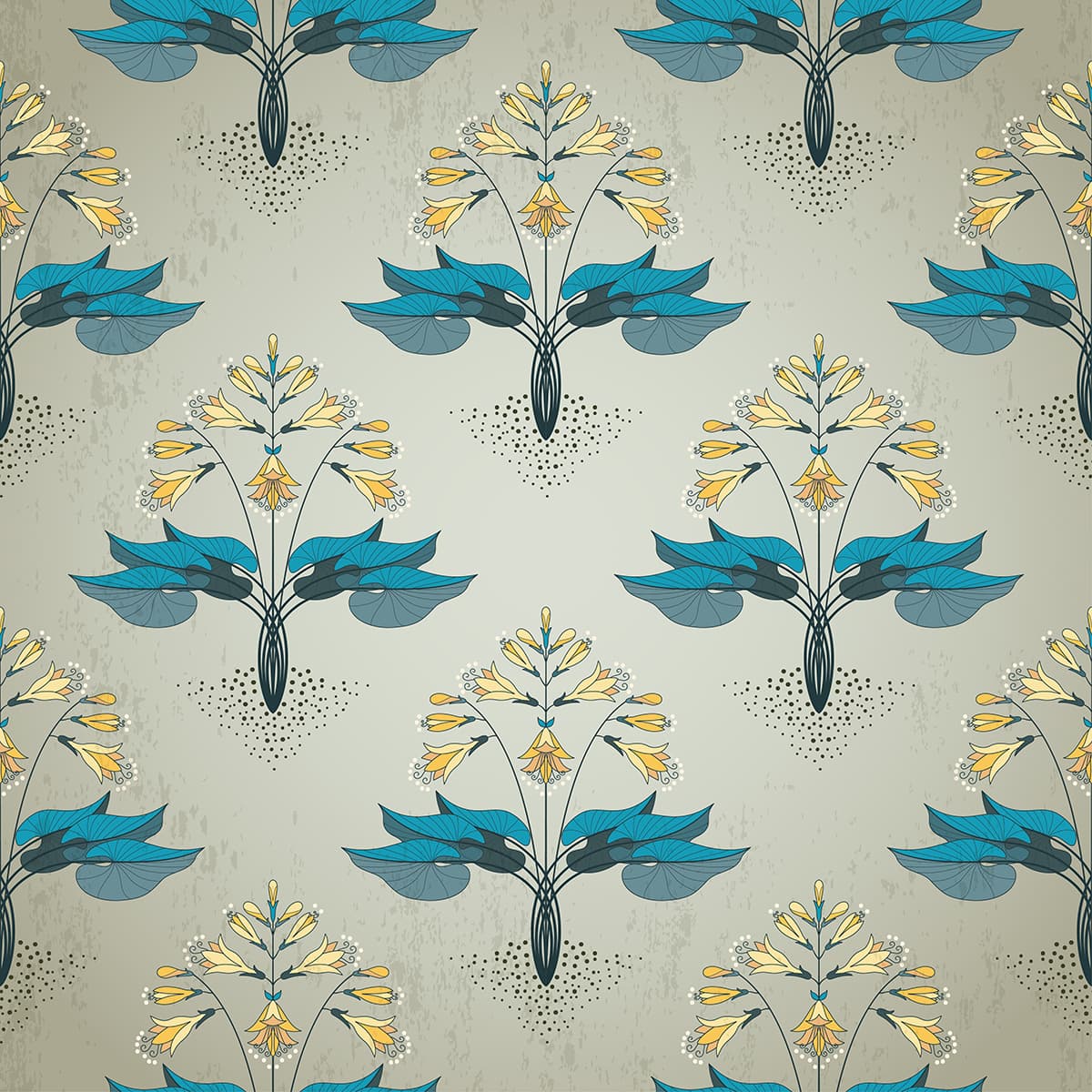Vintage Style Blue and Yellow Floral Pattern Wallpaper pattern detail