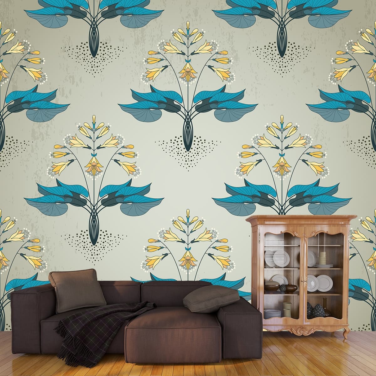 Vintage Style Blue and Yellow Floral Pattern Wallpaper shown in a room