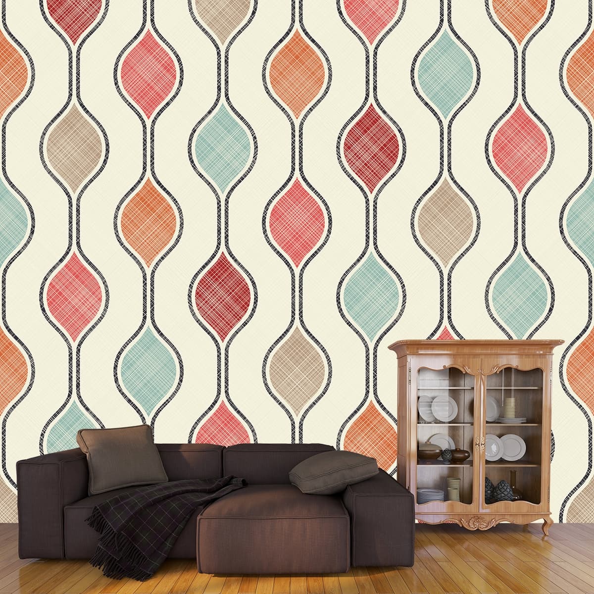 Fabric Texture with Colorful Shapes Design wallpaper shown in a room
