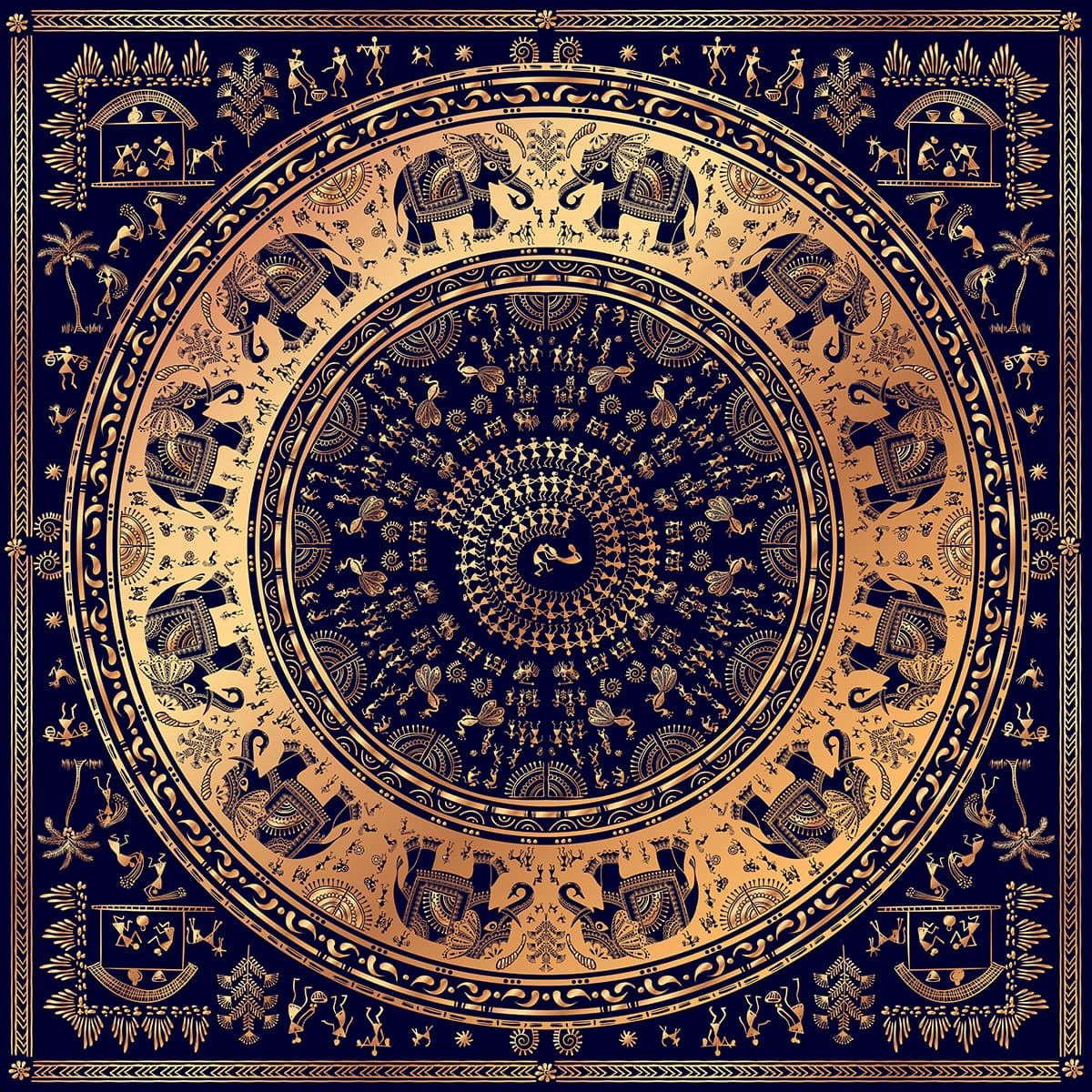 Blue and Gold Warli Art on Rug Wallpaper pattern detail