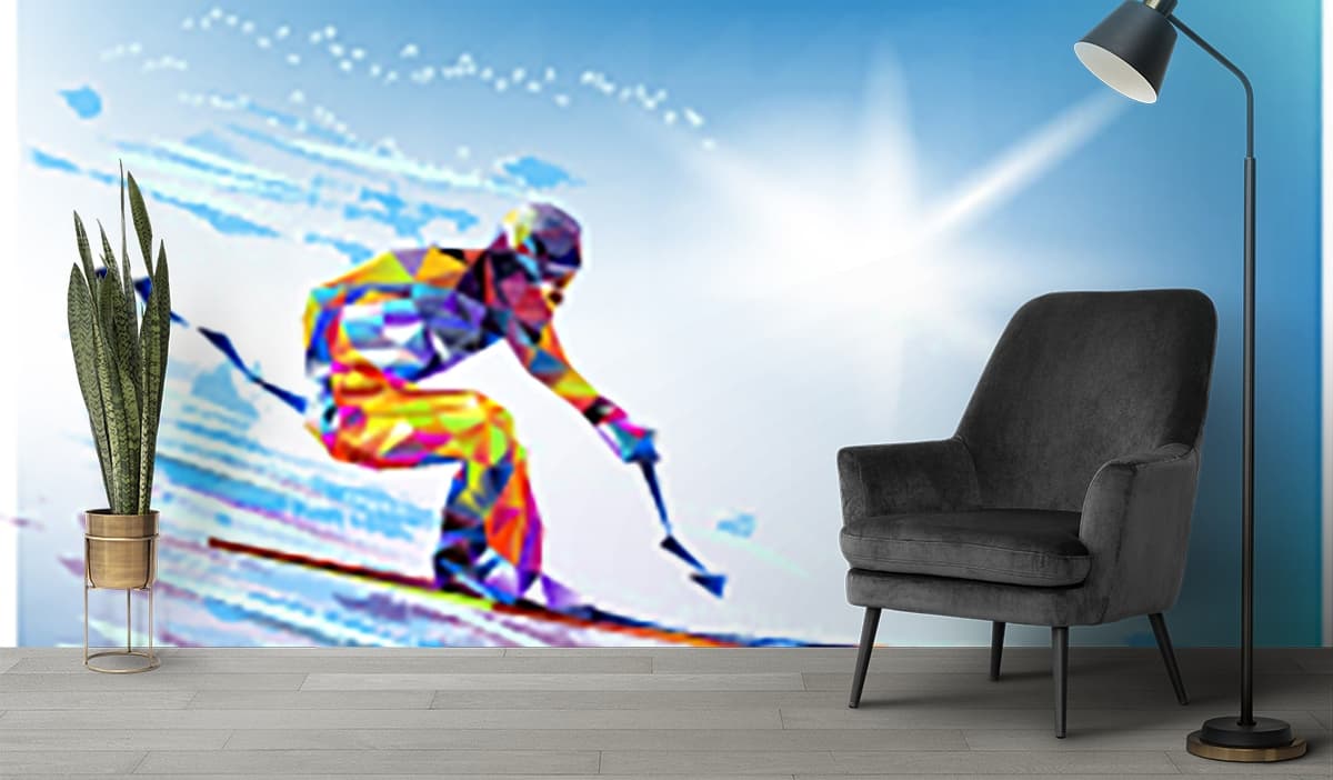 Dynamic geometric ski scene for living rooms wallpaper shown in a room