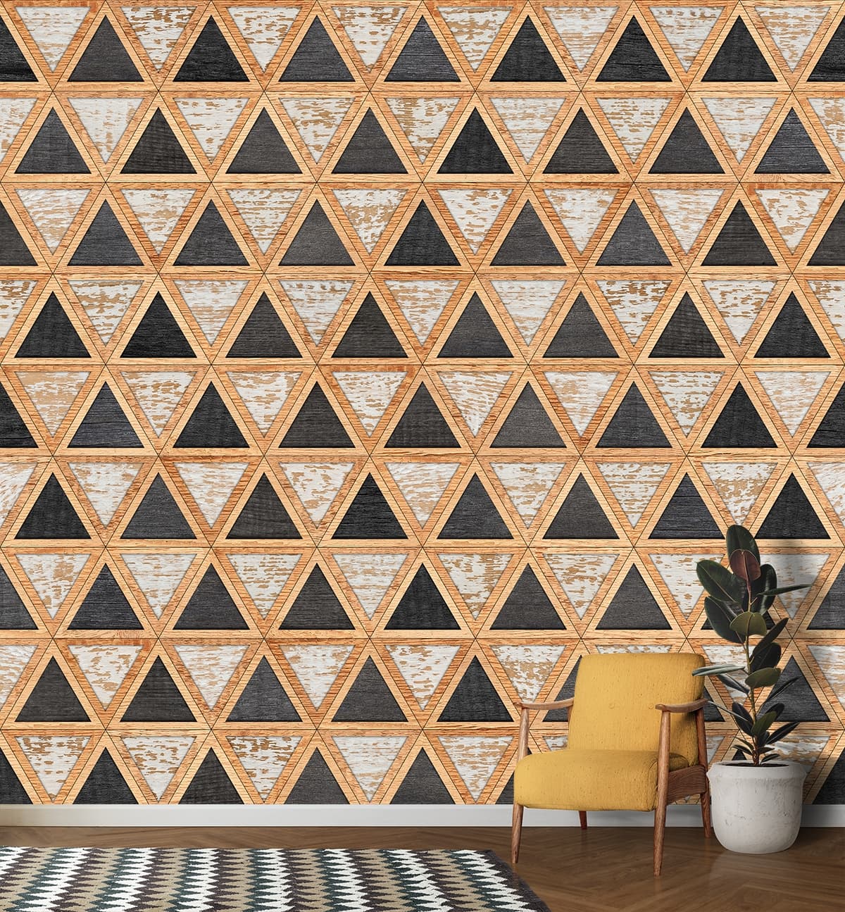 Modern Triangles Pattern on Surface Design Wallpaper shown in a room