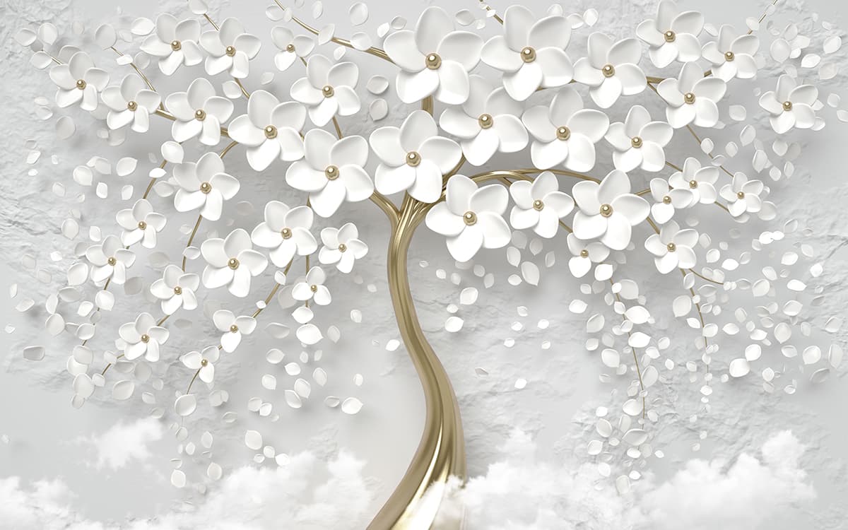 White Flower Tree with Gold Leaves Luxury Wallpaper pattern detail