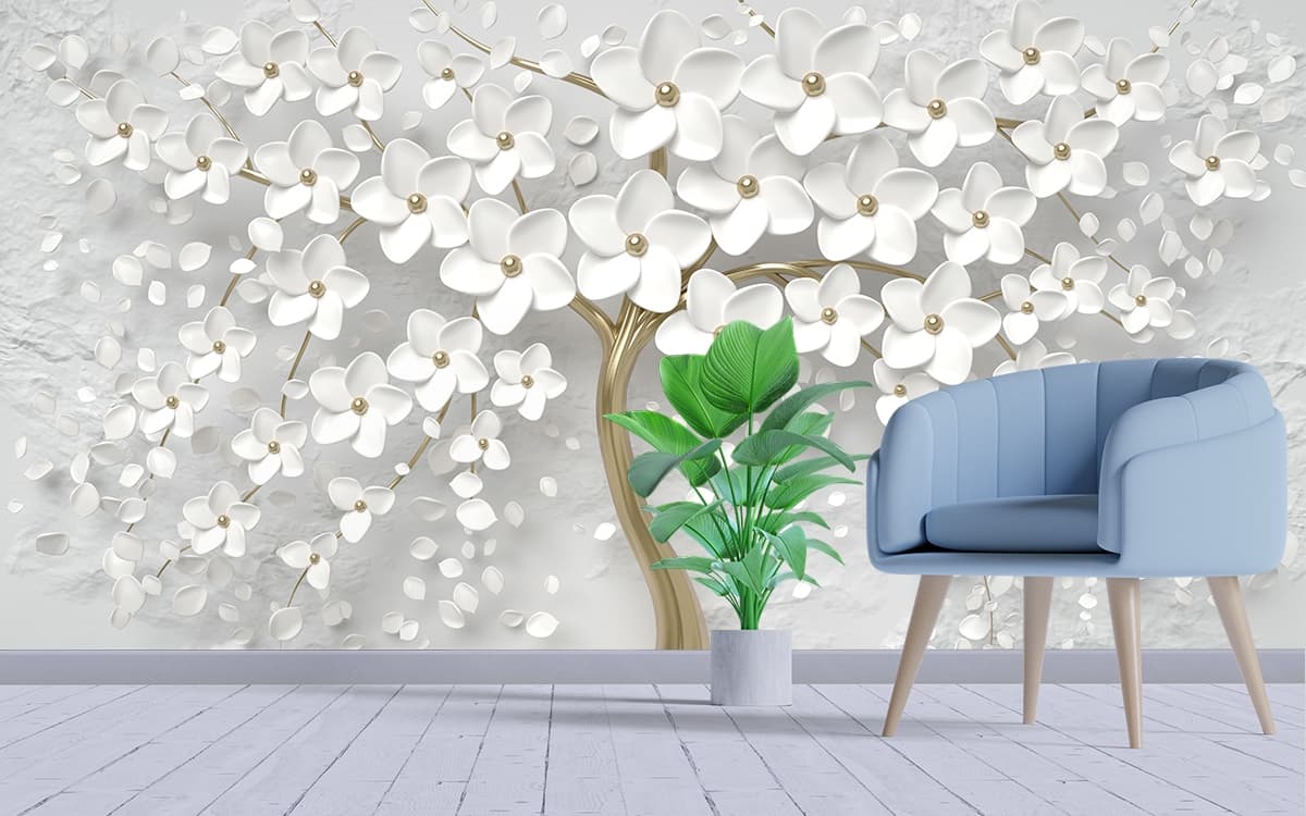White Flower Tree with Gold Leaves Luxury Wallpaper shown in a room