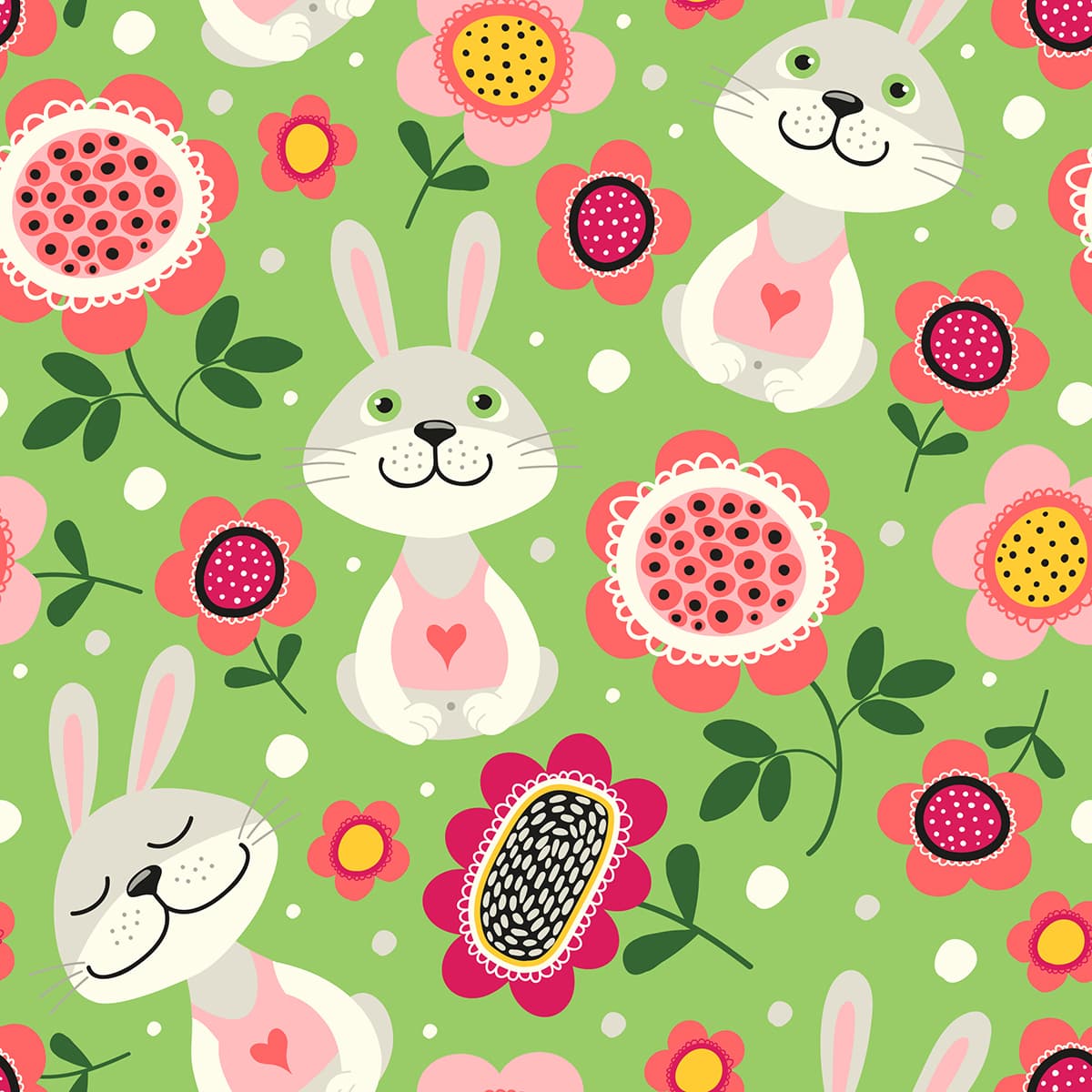 Flowers and Rabbits Pattern Cute Wallpaper pattern detail