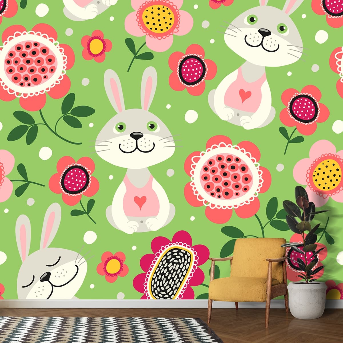 Flowers and Rabbits Pattern Cute Wallpaper shown in a room