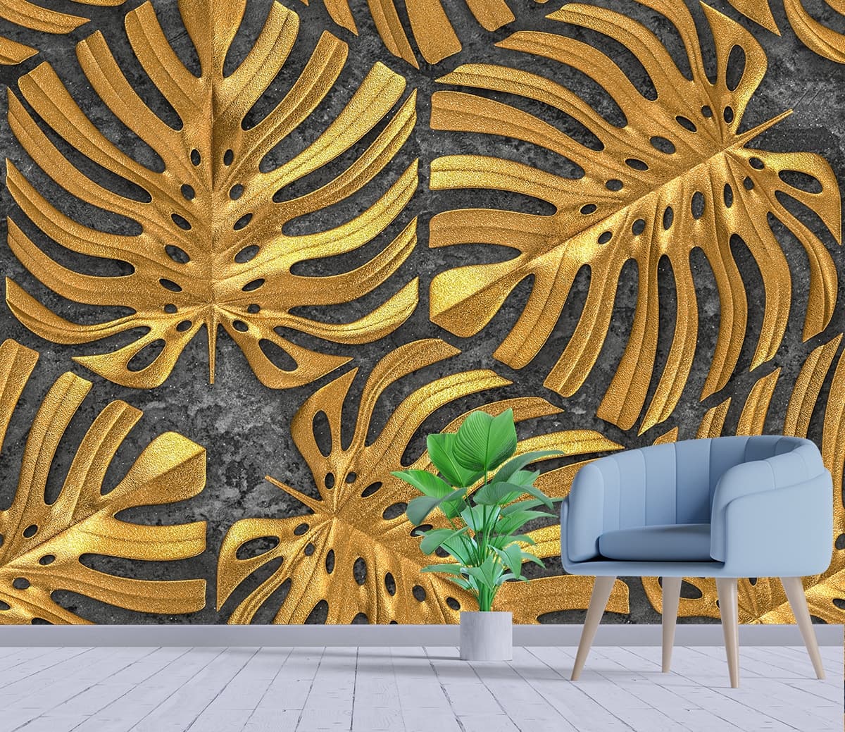 Golden Leaves Pattern Wallpaper Mural shown in a room