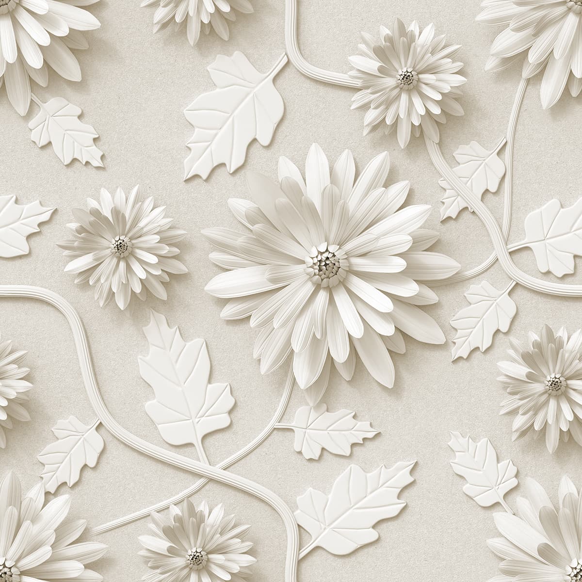 White Flower and Leaves on White Elegant Wall Mural Wallpaper pattern detail