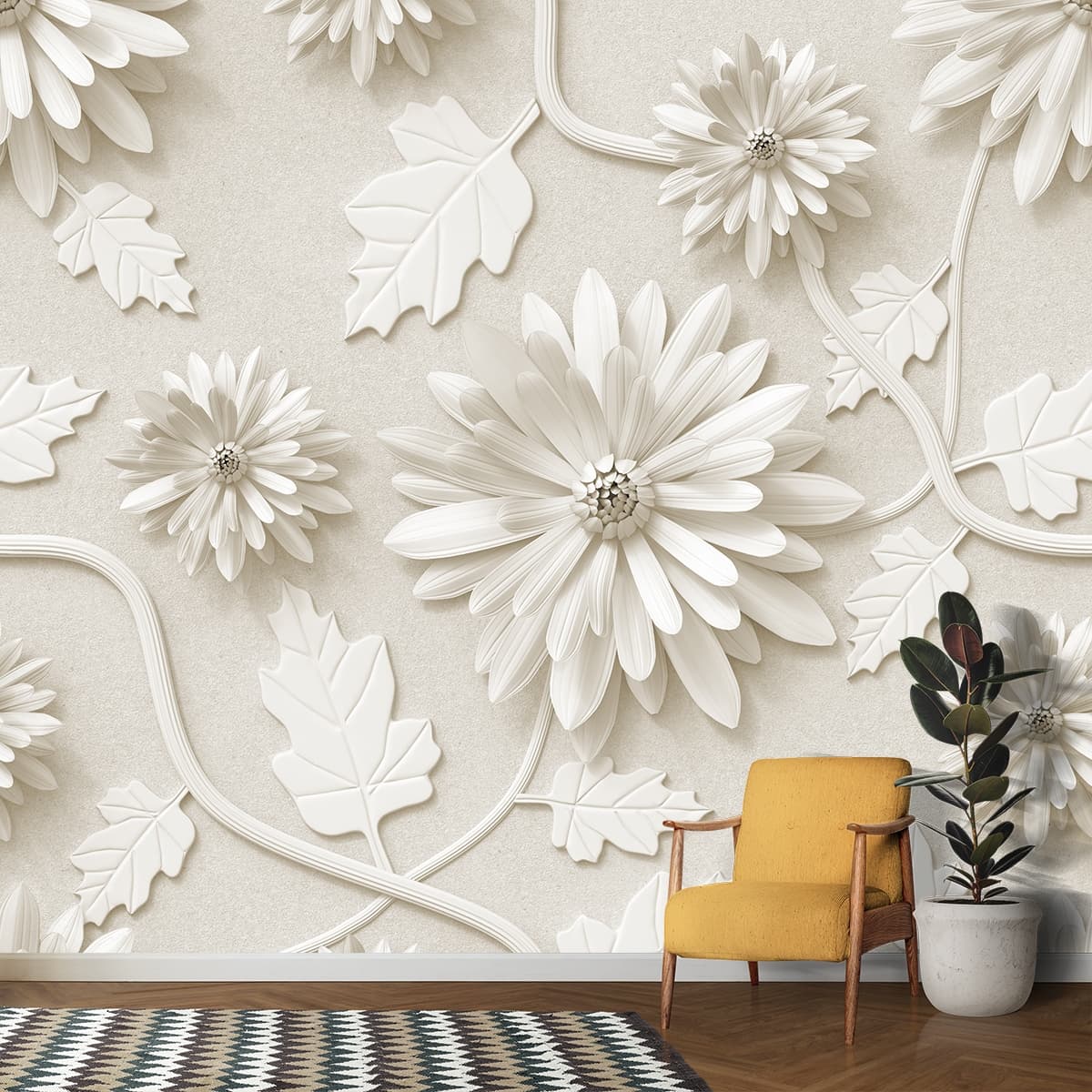 White Flower and Leaves on White Elegant Wall Mural Wallpaper shown in a room