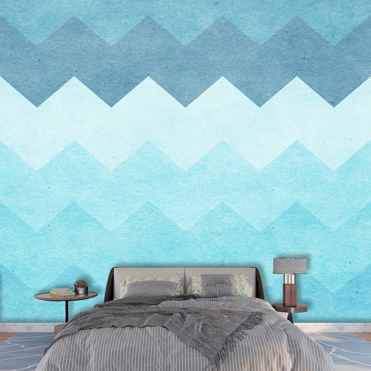 Blue and White Chevron Pattern Wallpaper for Walls shown in a room
