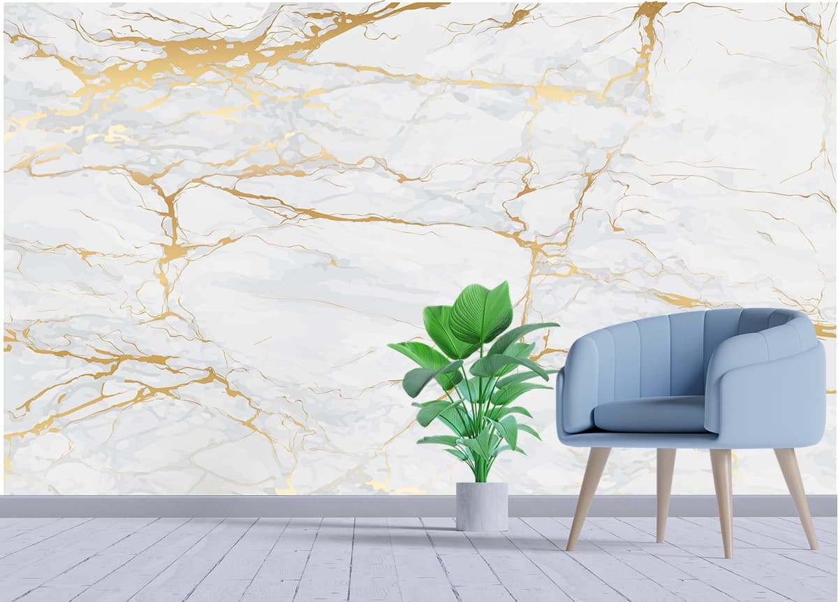 White Marble with Gold Veins Wallpaper for Wall shown in a room