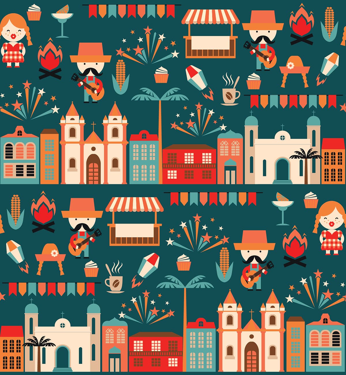 A pattern of buildings and people pattern detail