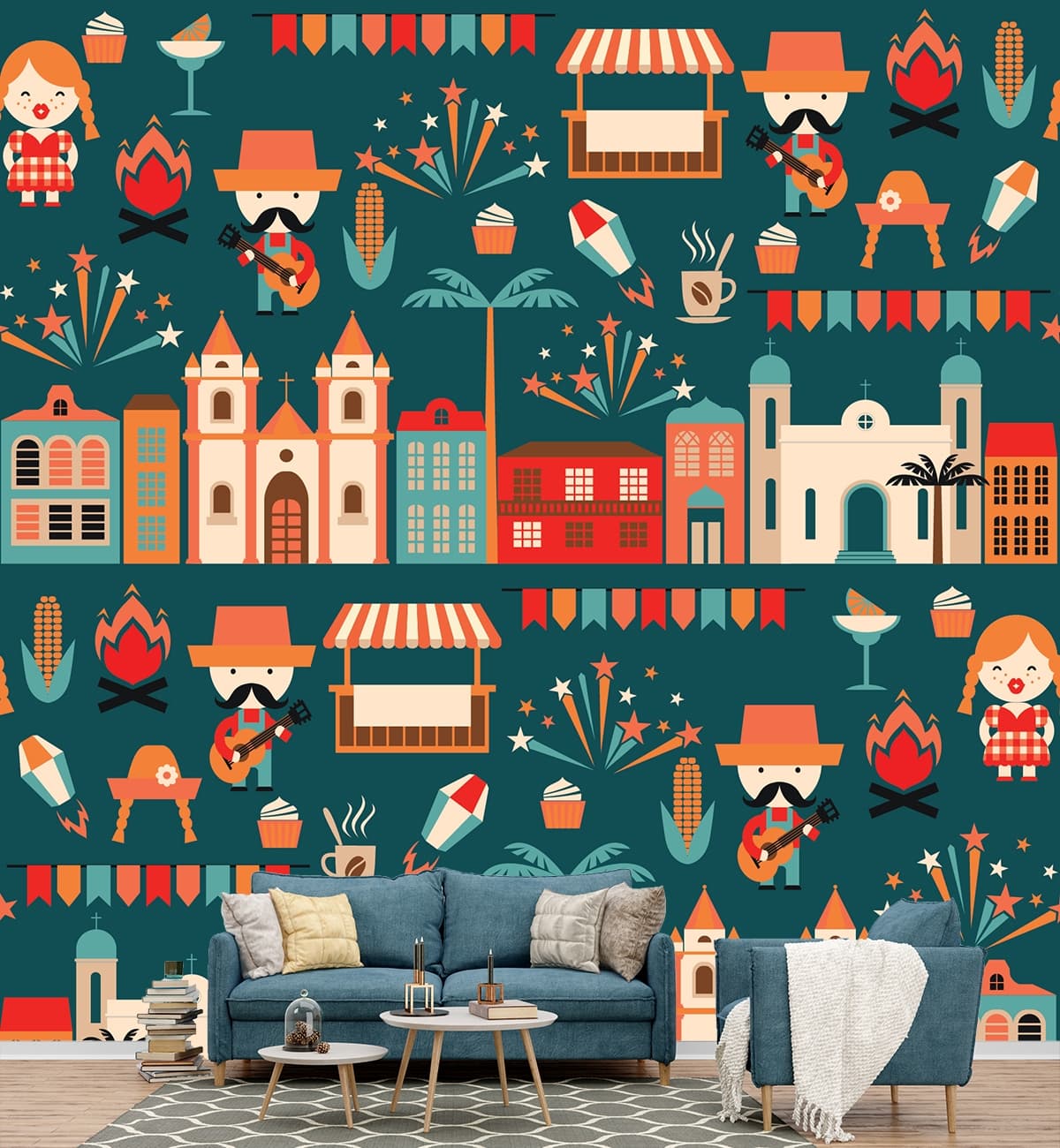 A pattern of buildings and people shown in a room