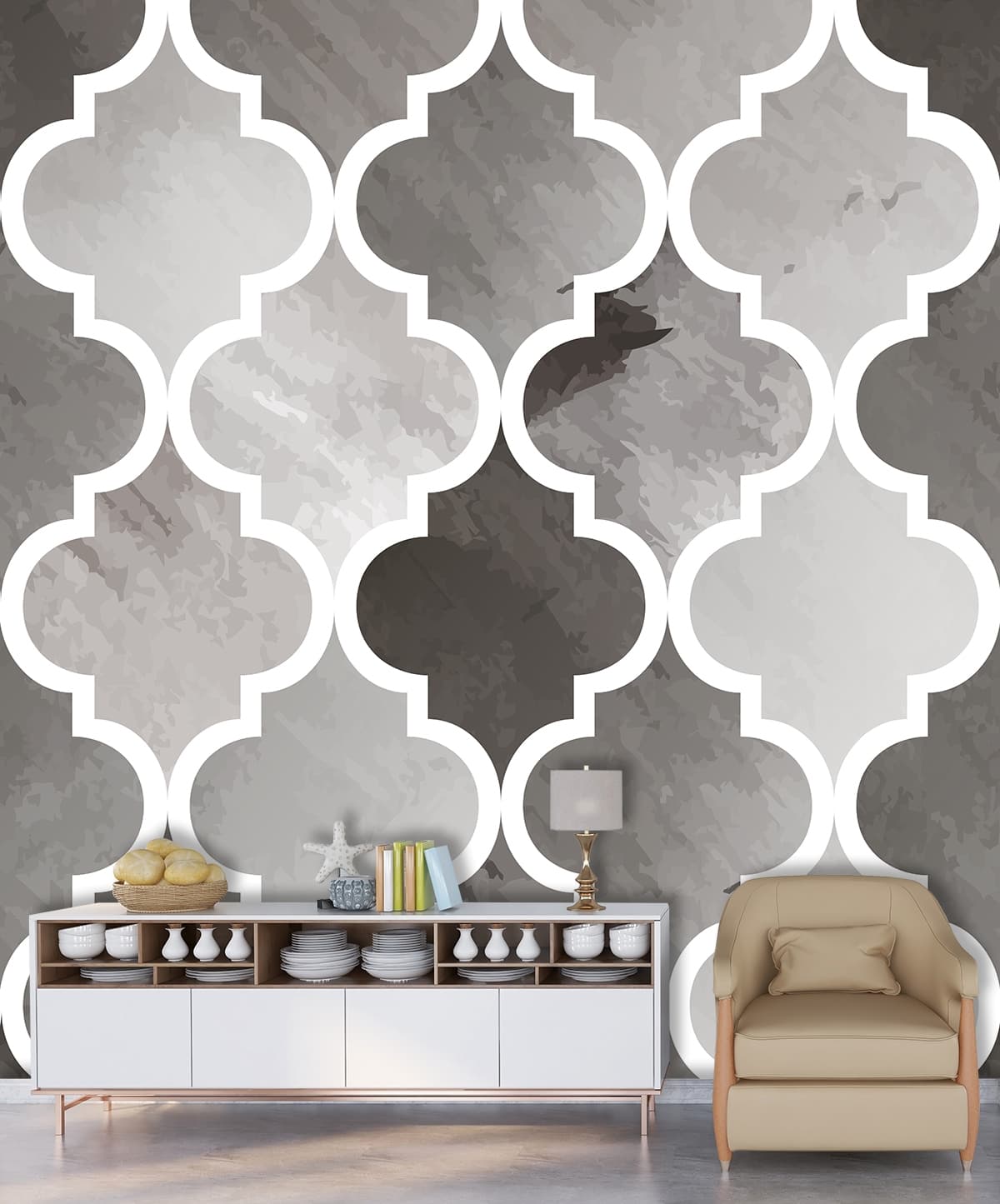 Grey and White Damask Pattern Wallpaper shown in a room