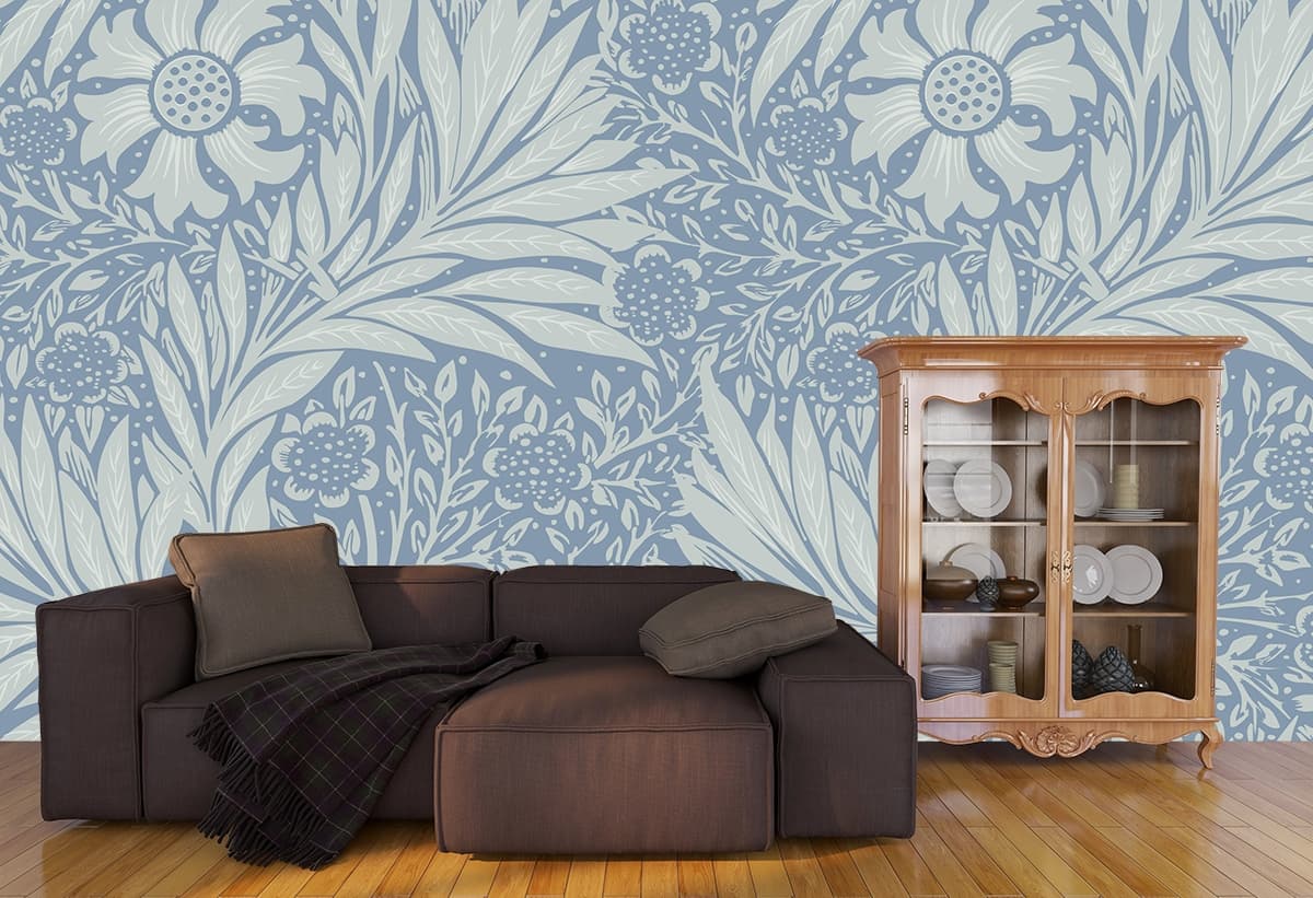 Pattern of Blue Flowers and Leaves Wallpaper for Walls shown in a room