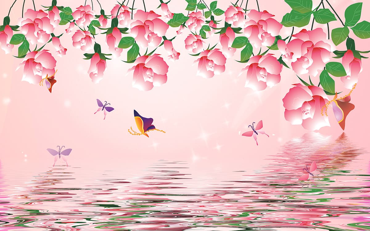 Pink Flowers and Butterflies Over Water Wall Mural Wallpaper pattern detail