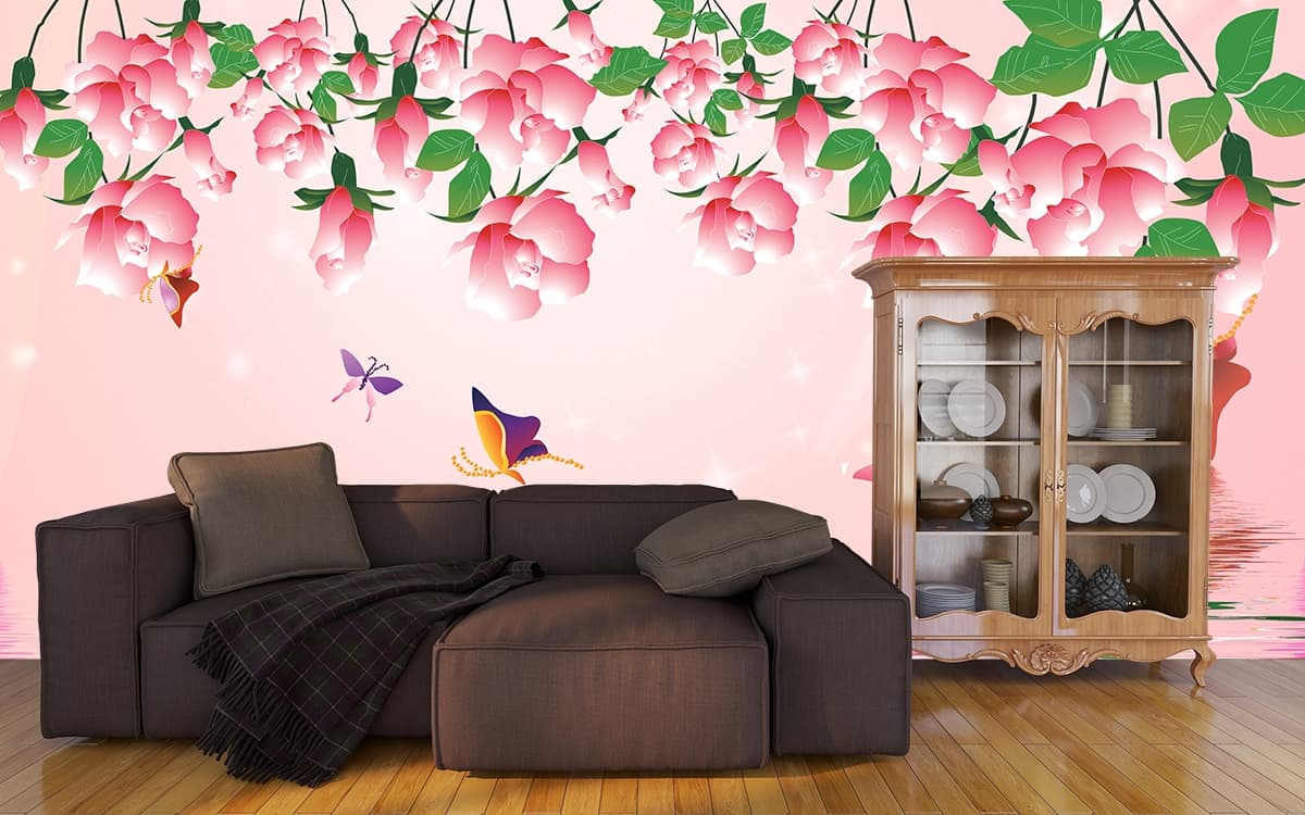 Pink Flowers and Butterflies Over Water Wall Mural Wallpaper shown in a room