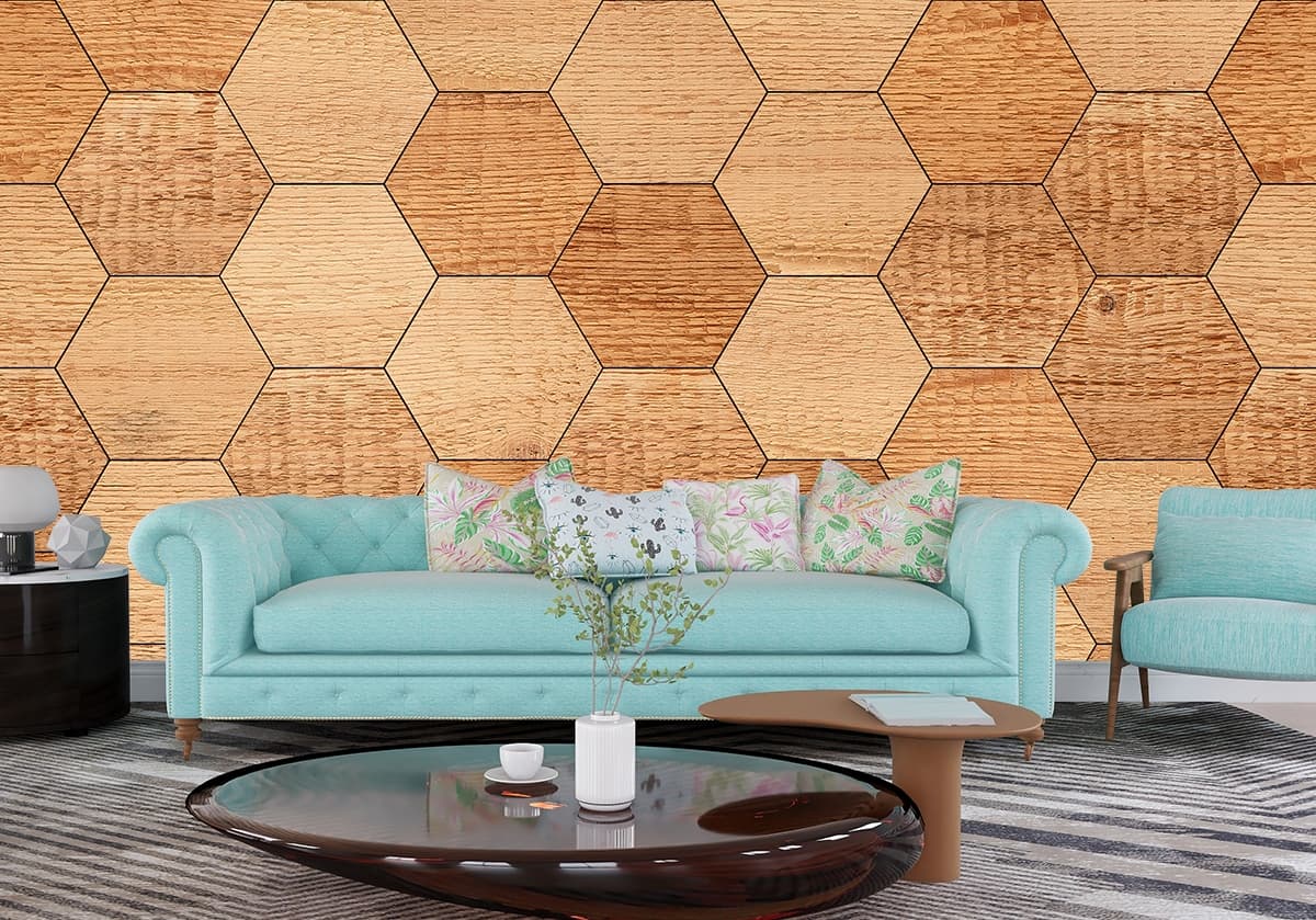 Elegant Wooden Geometric Mosaic Mural Art Wallpaper shown in a room