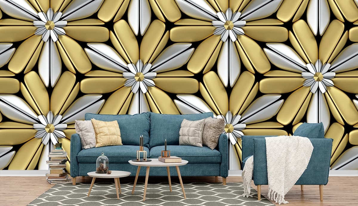 A pattern of flowers and petals shown in a room