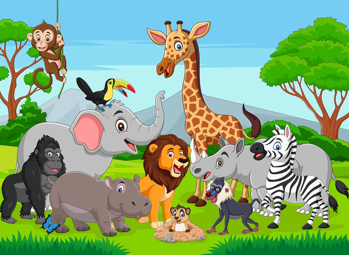 Playful Jungle Animals Cartoon Kids Room Wallpaper pattern detail