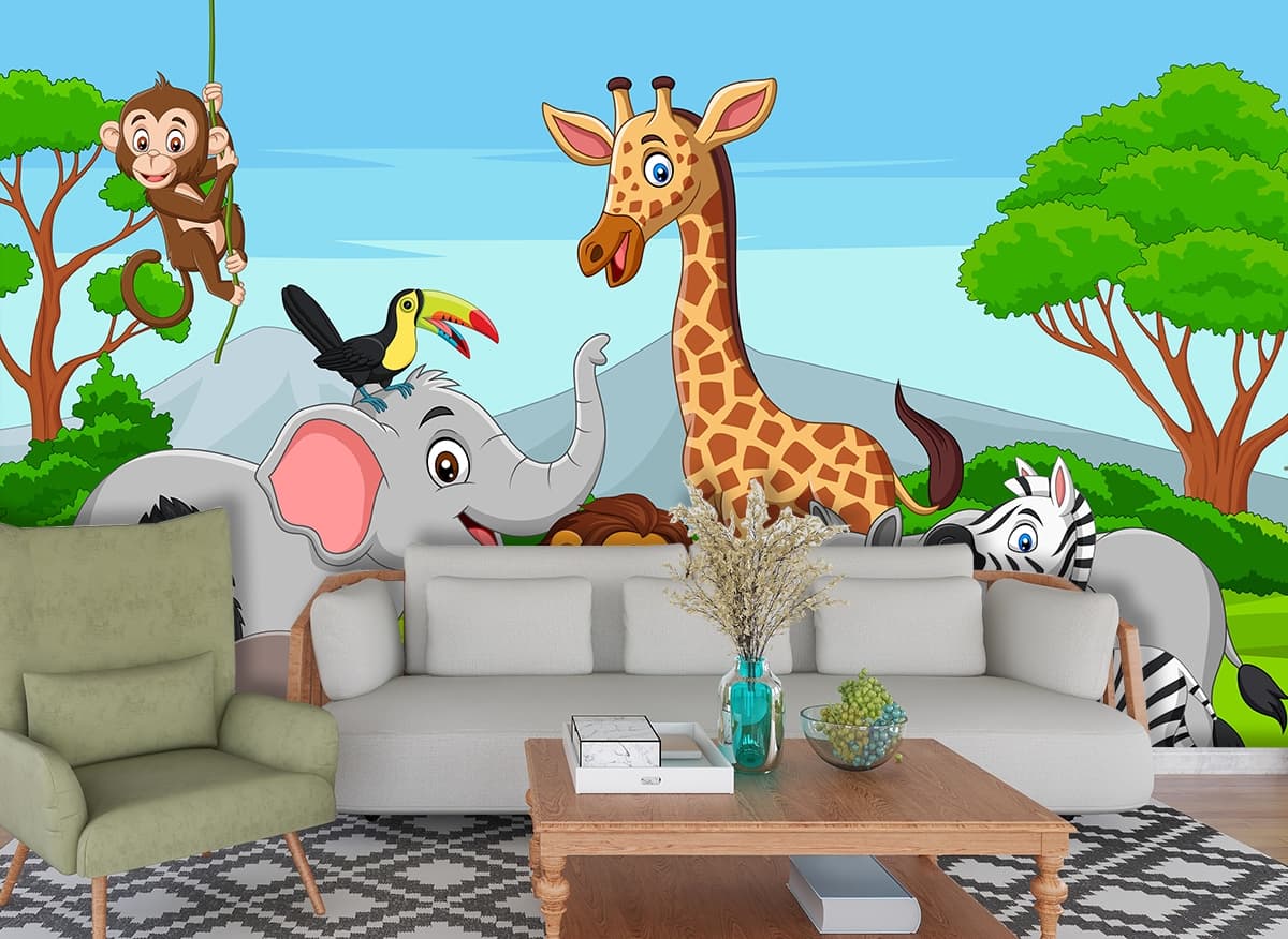 Playful Jungle Animals Cartoon Kids Room Wallpaper shown in a room
