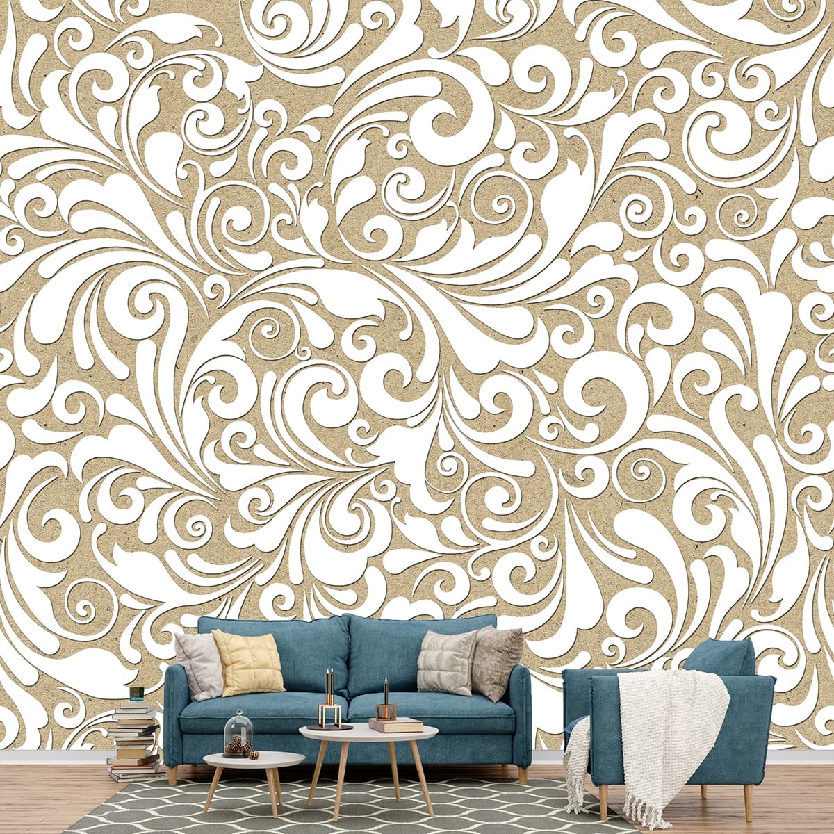 A white and tan swirls on a brown surface shown in a room