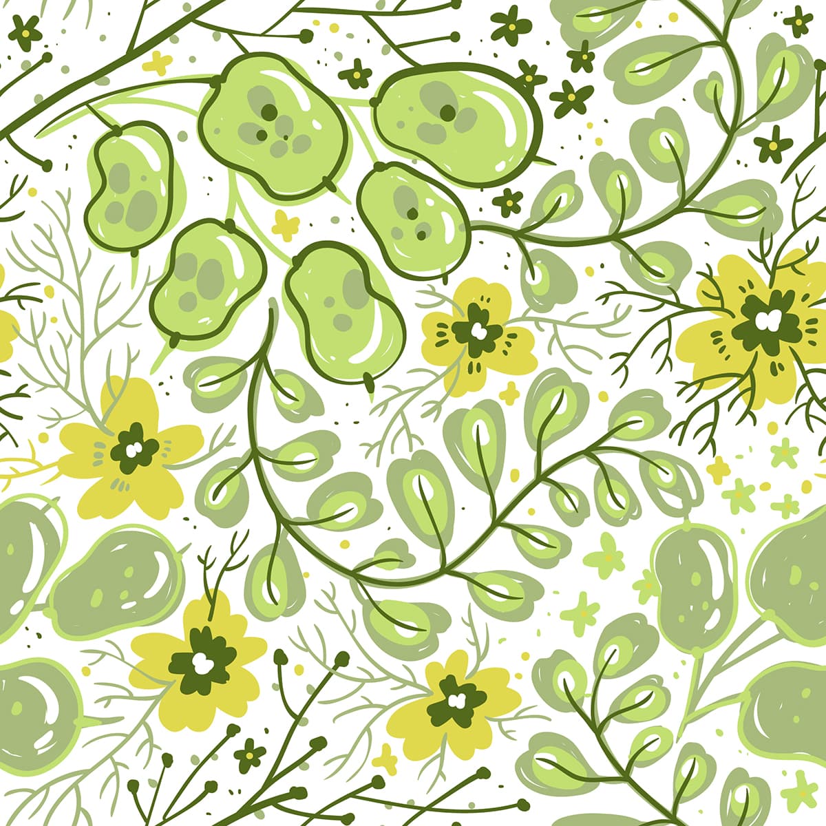 Fresh Green Yellow Flowers and Leaves Botanical Wallpaper pattern detail