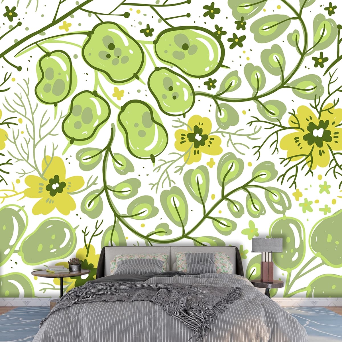 Fresh Green Yellow Flowers and Leaves Botanical Wallpaper shown in a room