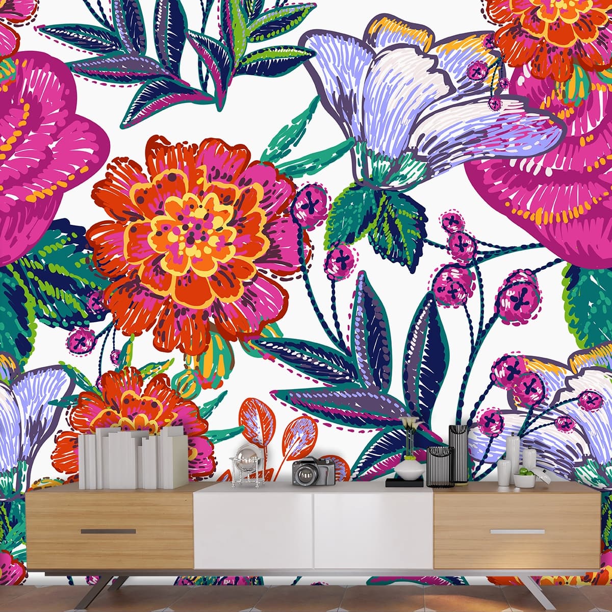 A colorful flower pattern shown in a room