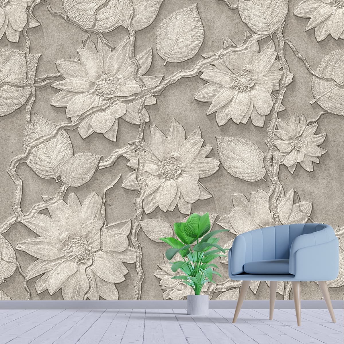 Elegant 3D Embossed Floral Relief Wall Wallpaper shown in a room