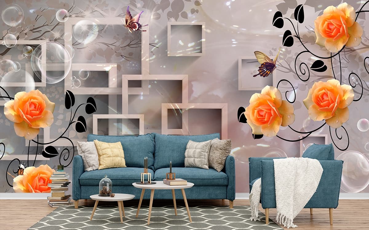 Classic Floral Design with Butterflies Wallpaper shown in a room