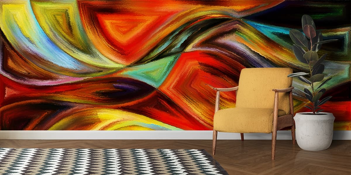 Colorful Wavy Lines Abstract Wall Mural Wallpaper shown in a room