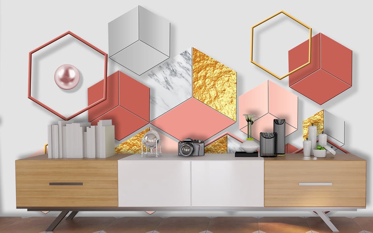 Hexagon Gold Foil Geometric Wall Design wallpaper shown in a room