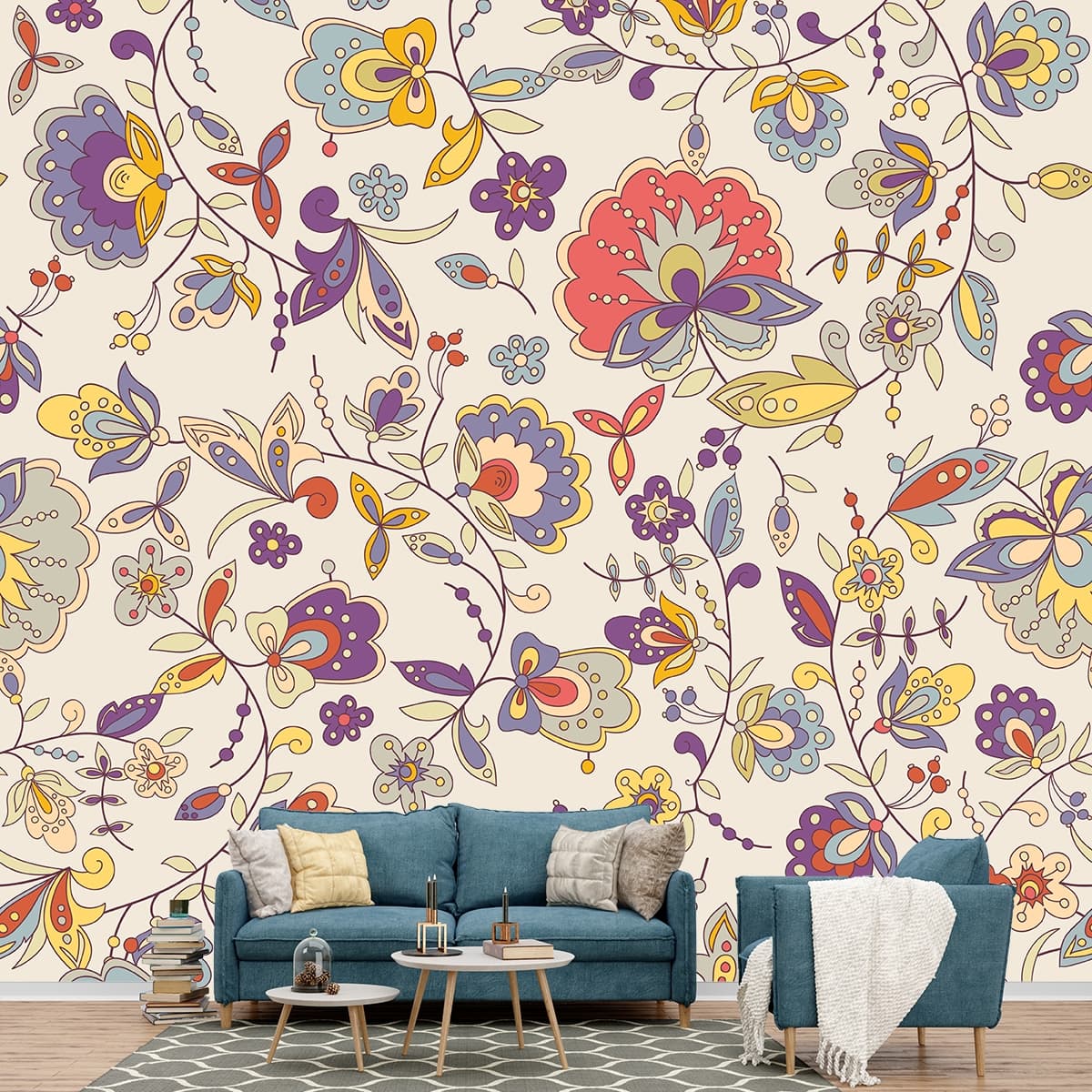 A colorful floral pattern on a white background shown in a room