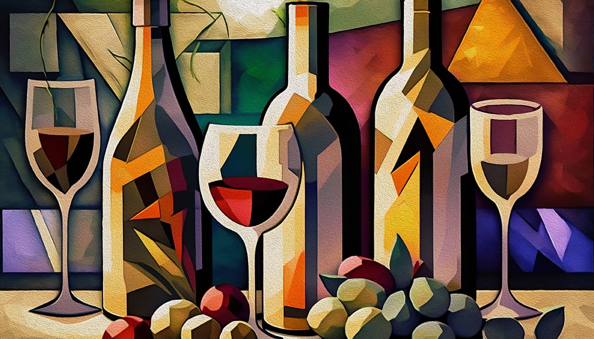 A painting of wine bottles and a glass of wine pattern detail