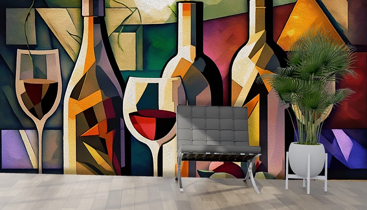 A painting of wine bottles and a glass of wine shown in a room