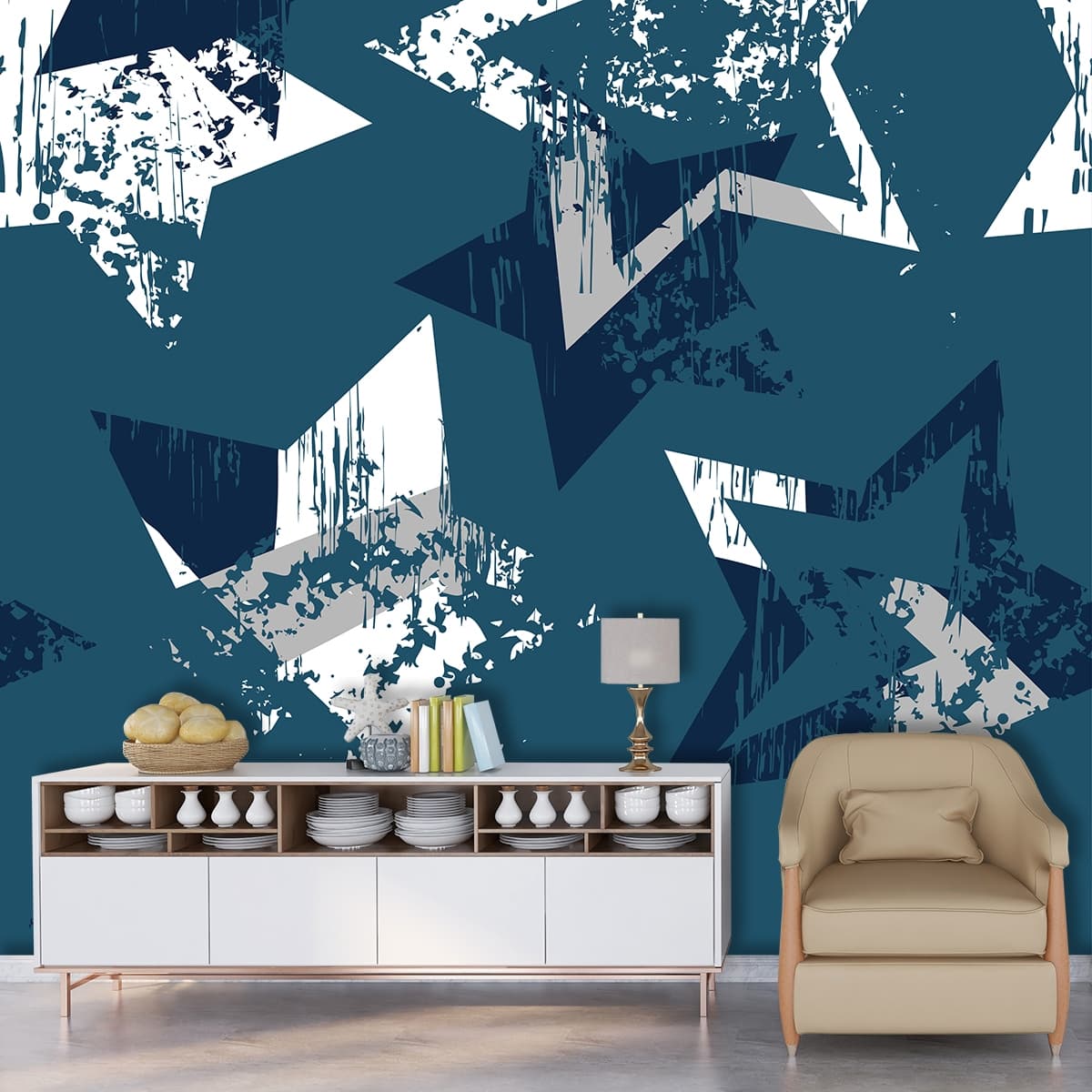 Cute Blue and White Star Pattern Kids Room Wallpaper shown in a room