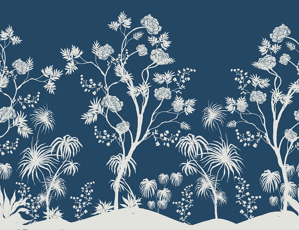 Flowers and Plants on Blue Background Wallpaper for Walls pattern detail