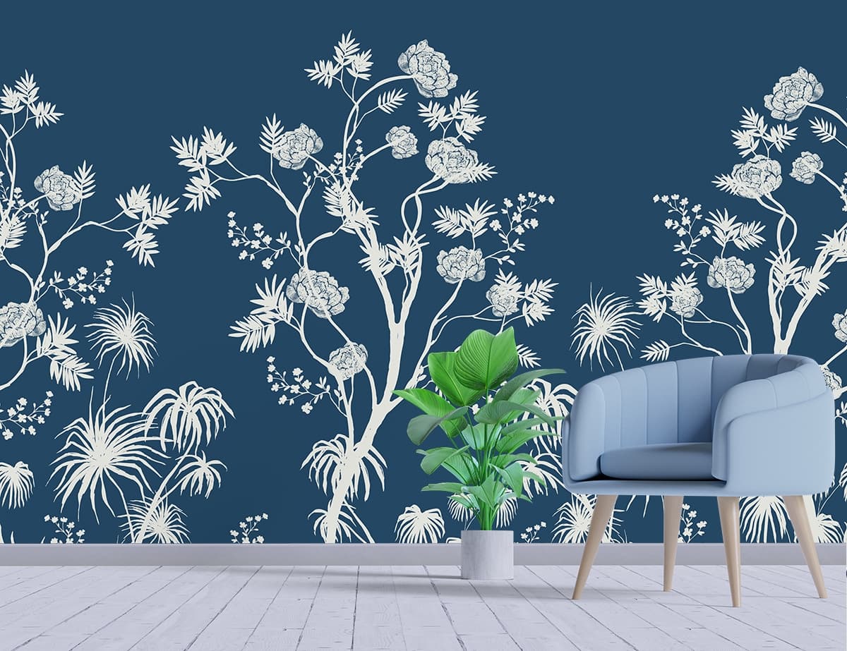 Flowers and Plants on Blue Background Wallpaper for Walls shown in a room