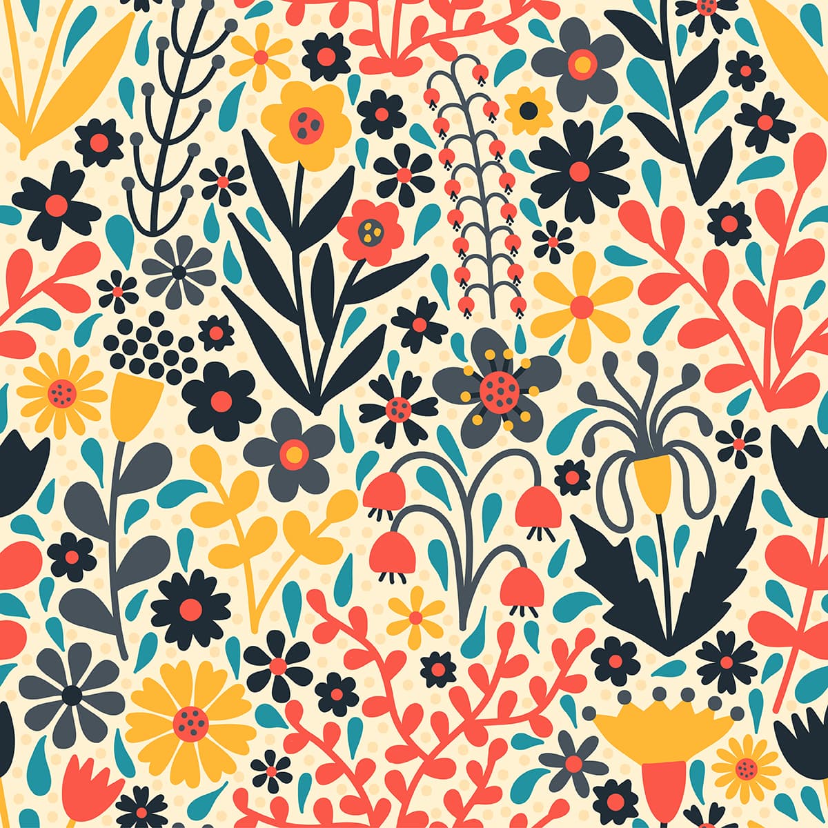 A Seamless Colorful Wallpaper Pattern of Flowers and Leaves pattern detail