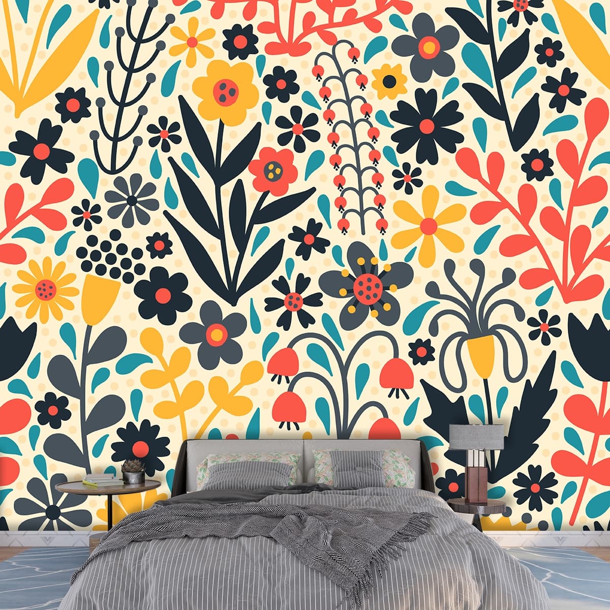 A Seamless Colorful Wallpaper Pattern of Flowers and Leaves shown in a room