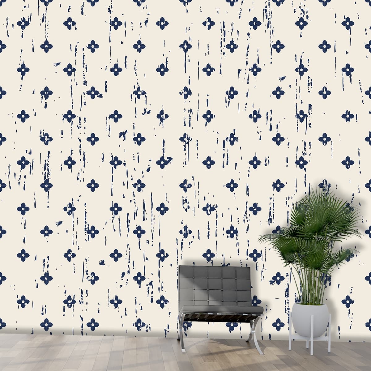 A pattern of blue flowers shown in a room