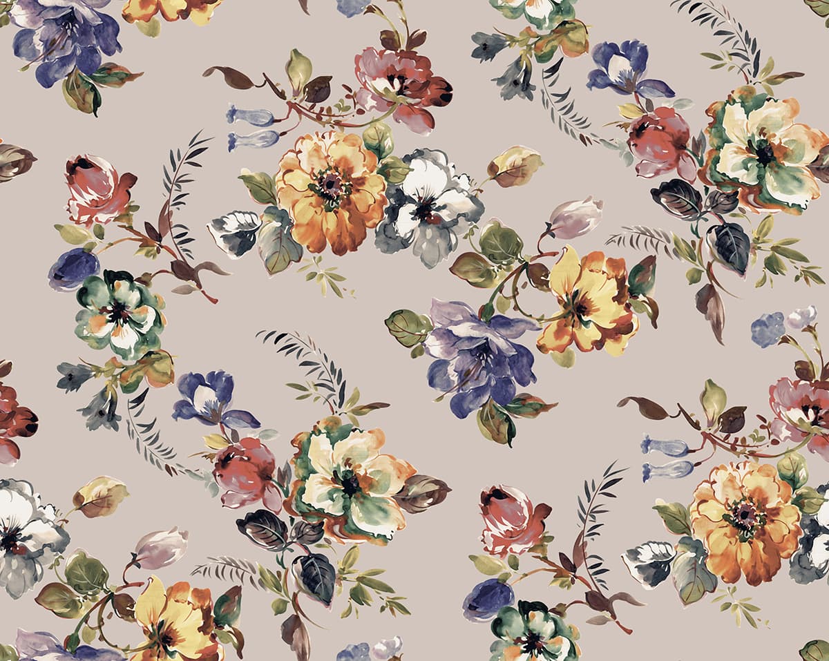 A Wallpaper Pattern of Leaves and Colorful Flowers pattern detail