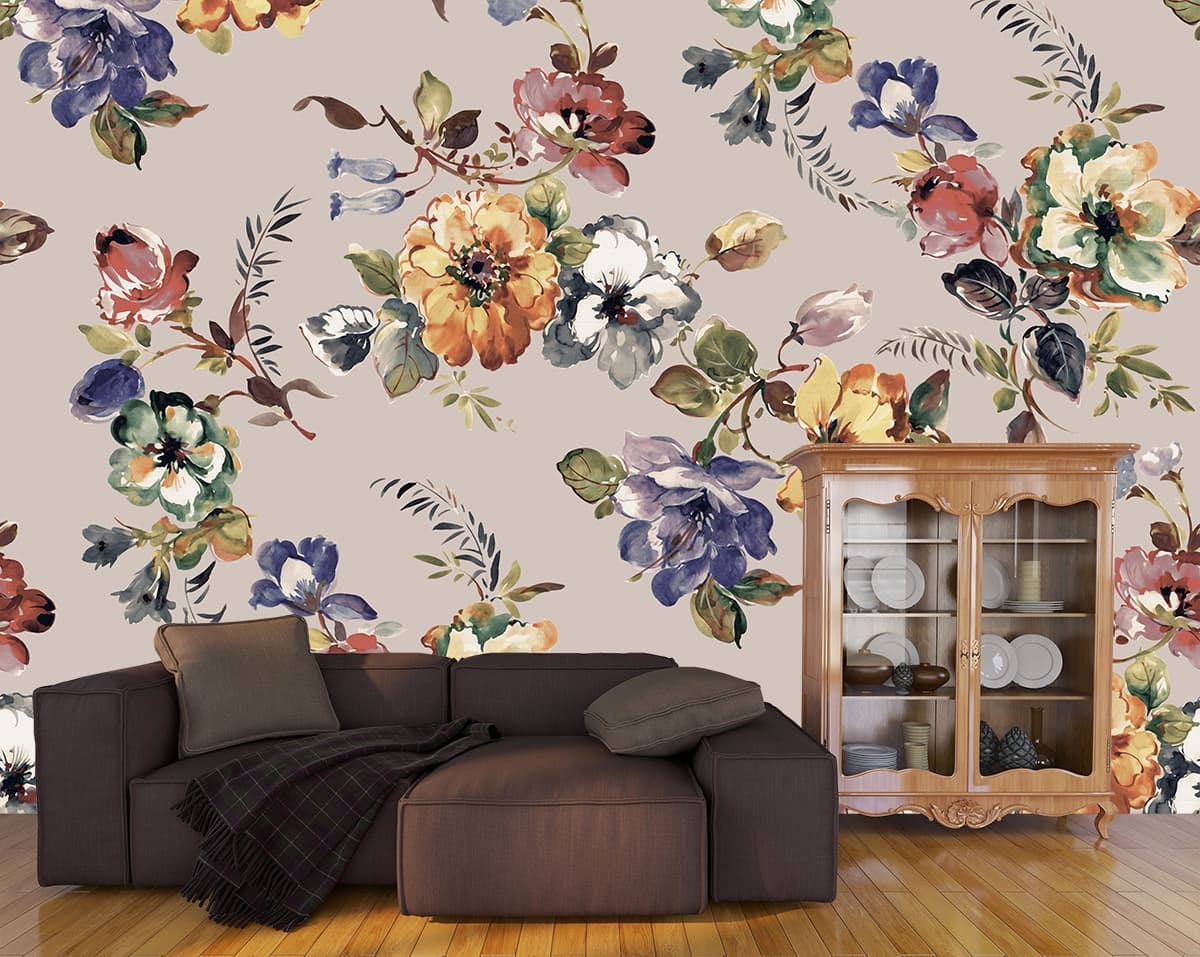 A Wallpaper Pattern of Leaves and Colorful Flowers shown in a room