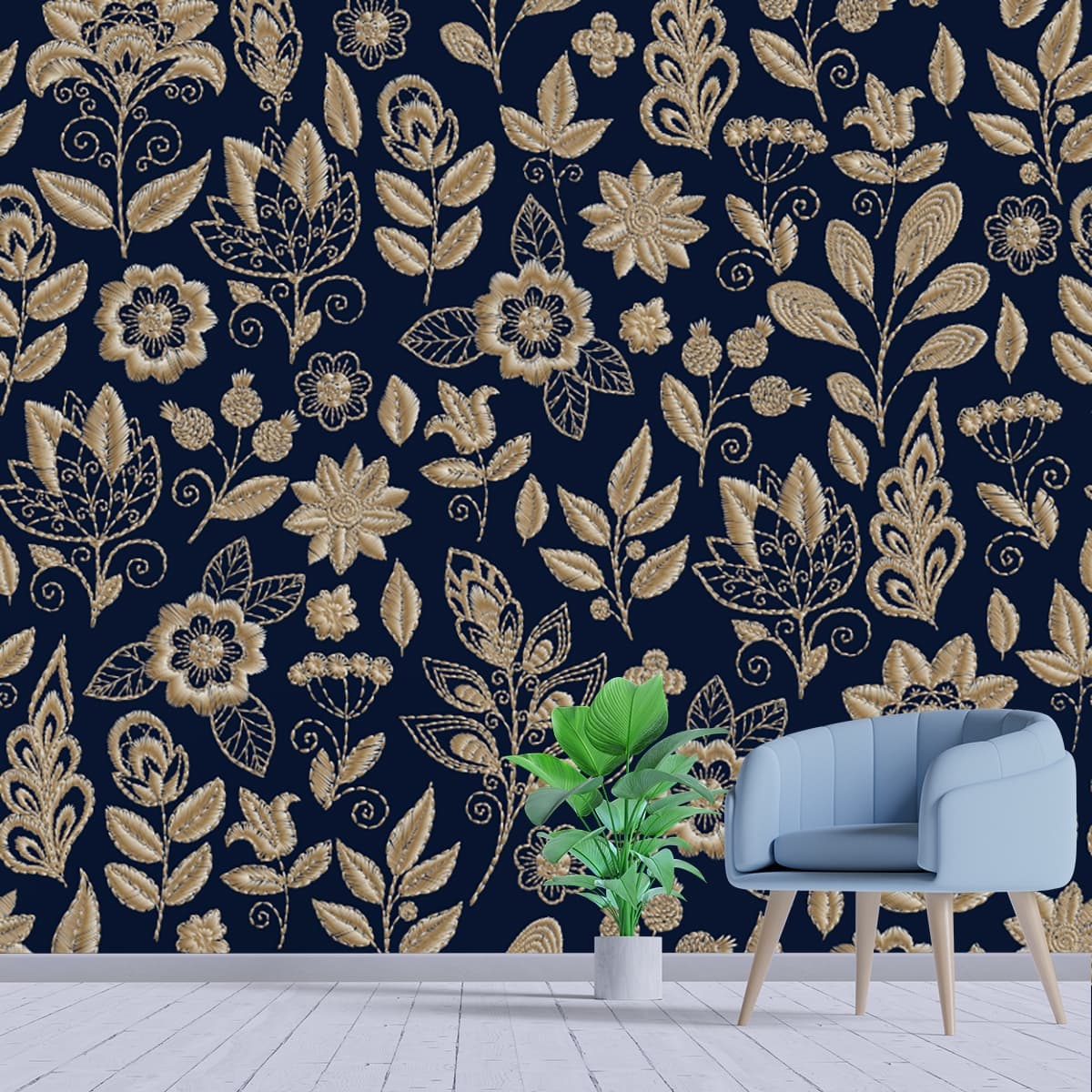Bohemian Pattern Wallpaper of Flowers and Leaves shown in a room