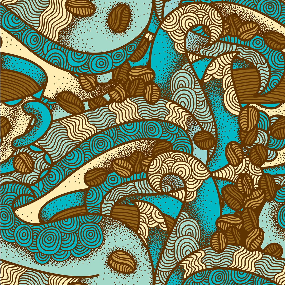 A blue and brown swirls and coffee beans pattern detail
