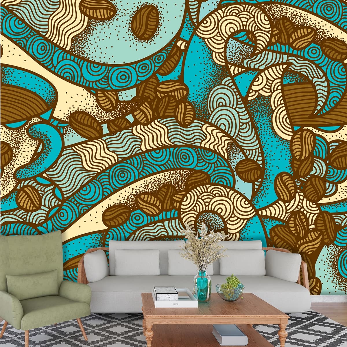 A blue and brown swirls and coffee beans shown in a room