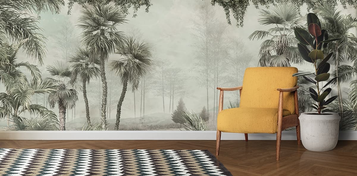 Elegant Tropical Landscape Scene Wall Wallpaper shown in a room